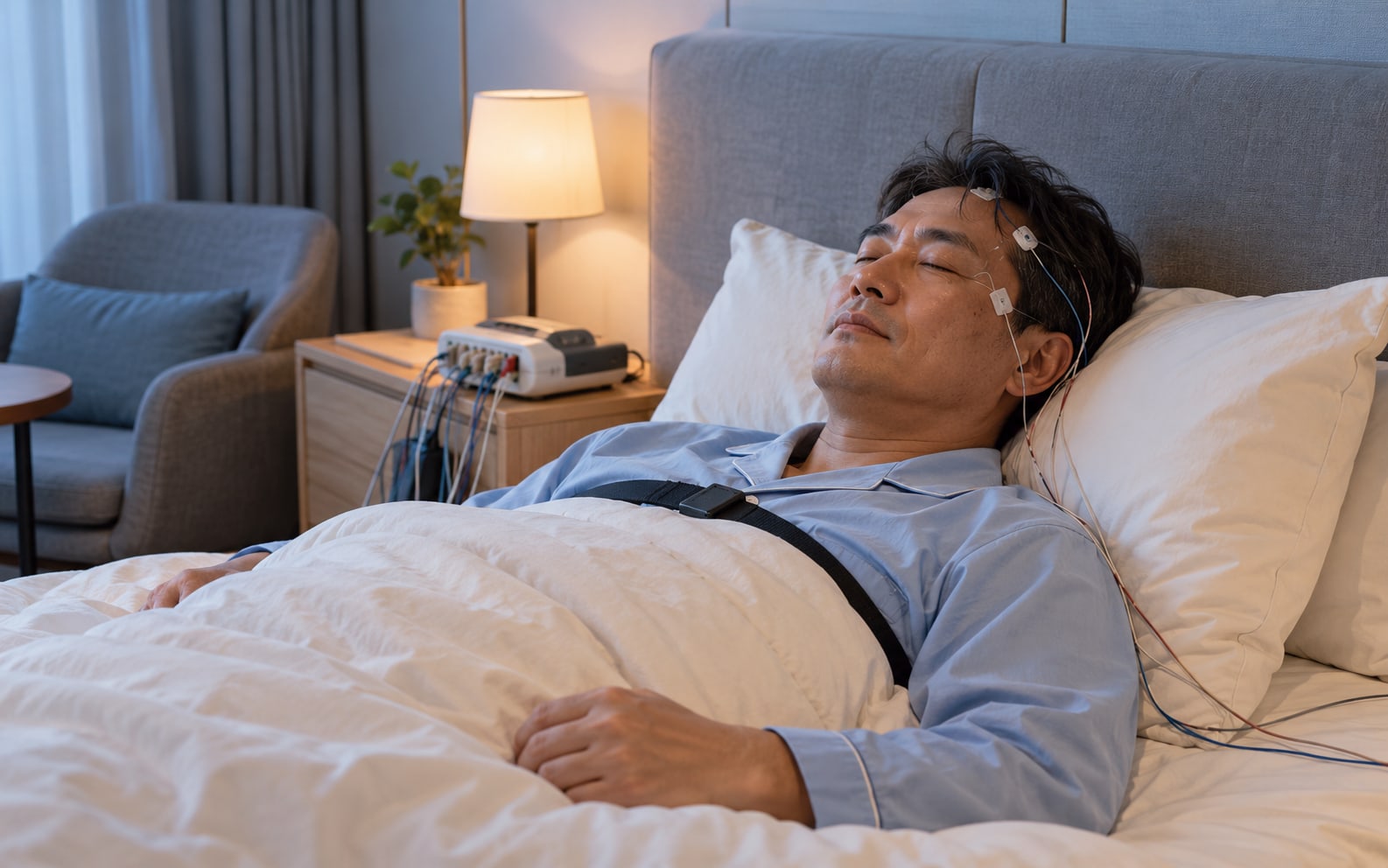 수면검사 준비를 위해 검사실 침대에 누운 중년 남성