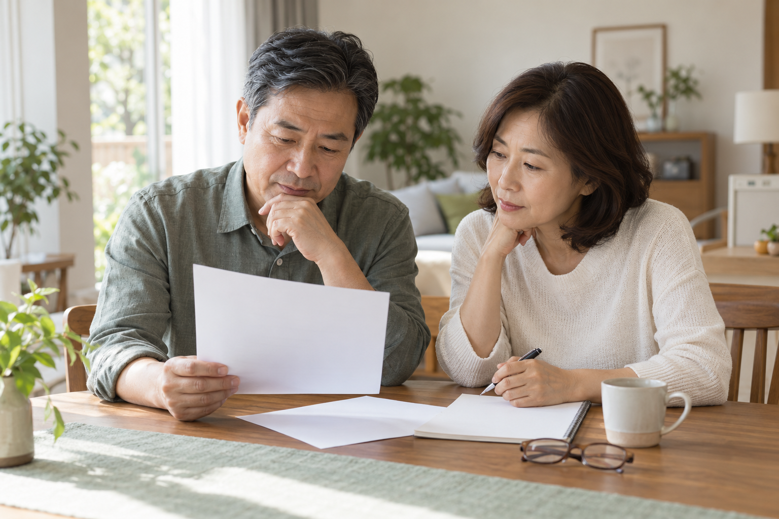 집에서 수면검사 관련 메모와 안내 자료를 함께 살펴보는 중년 부부를 표현한 AI 생성 이미지